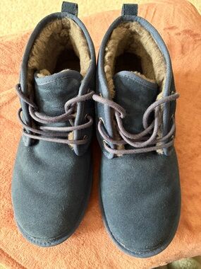 UGG Navy Blue Suede Lace-Up Mens Cozy Fur-Lined Boots